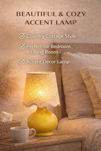 Benton Ceramic Table Lamp with Fabric Shade – 13" Bedside Accent Lamp for Bedroom, Living Room & Nightstand (Yellow) - color: Yellow