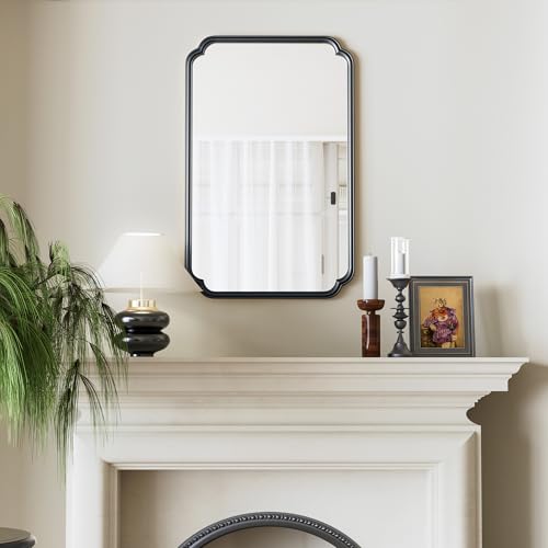 Ferytange 22x34 Inch Black Bathroom Mirror, Metal Framed Wall Mirror with Rounded Edges, Rustproof Horizontal Vertical Hanging for Vanity Over Sink - color: Black, size: 34"L x 22"W
