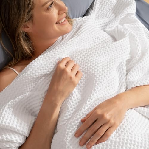 PHF 100% Cotton Waffle Weave Throw Blanket 50" x 60"-Lightweight Cozy Washed Soft Breathable Throw Blanket for Adults and Kids-Great Blanket Layer for Couch Bed Sofa-Elegant Home Decoration- White - color: White, size: Throw(50" x 60")