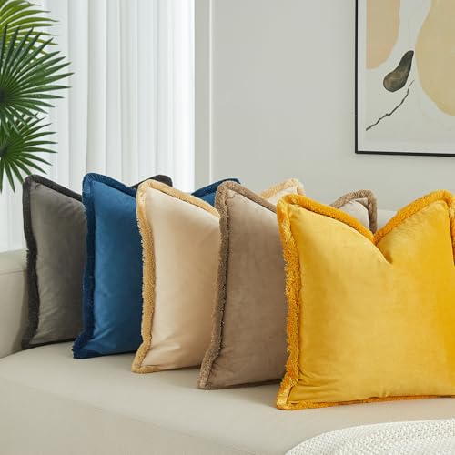 JUSPURBET Pack of 2 Champagne Decorative Fringe Velvet Throw Pillow Covers 18x18 for Home Decor Living Room Bedroom Car Boho Soft Cushion Cover with Hidden Zipper Machine Washable - color: Champagne, size: 18" x 18" (Pack of 2)