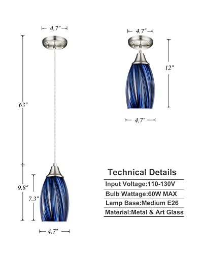 karyfine Dark Blue Glass Mini Pendant Lights for Kitchen Island 3Pack Blown Art Glass Pendant Lighting Shade Hanging Pendant Lights with Brushed Nickel Finish for Kitchen Over Sink,Dining Room - color: Dark Blue mixing Brown black-3Packs