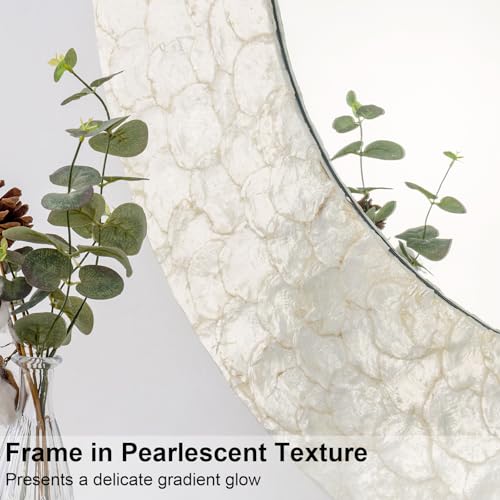 Round Coastal Mirror with Capiz Shell Frame, 36'' Large Circle Bathroom Mirrors, Decorative Wall Mirror for Living Room Dining Room Mantel Entryway - color: Cream-white, size: 36"L x 36"W