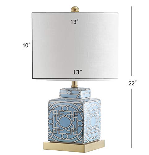 JONATHAN Y 22" Blue/White Modern Ceramic Ginger Jar Table Lamp for Nightstand, Square Lattice Transitional Chinoiserie Lamp for Living Room, White Linen Shade, LED Bulb JYL3044A - color: Blue/White