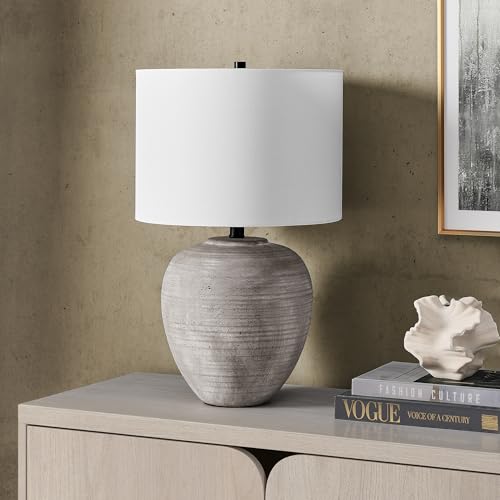 Henn&Hart 23" Modern 1-Light Table Lamp with White Fabric Drum Shade for Living Room, Bedroom, or Office, Rustic Earth