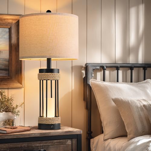 OYEARS 25" Table Lamps Set of 2 with Night Light, Rustic Bedside Lamps with USB C+A Charging Ports, Black Metal Lamp with Rope Accent and Frosted Glass, Farmhouse Lamps for Living Room Bedroom - color: Farmhouse Black