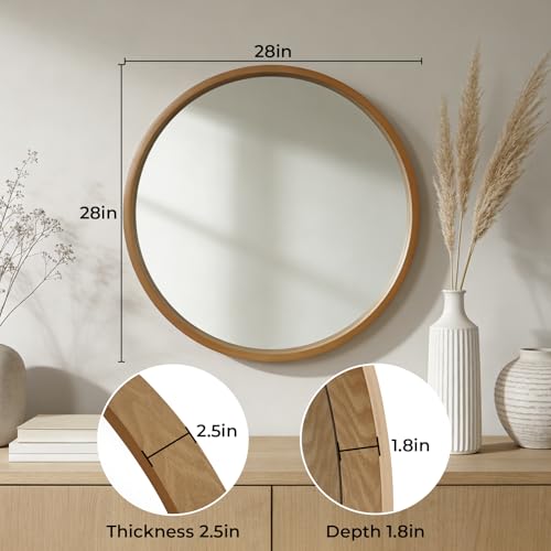 WallBeyond 28 Inch Natural Round Wood Mirror, Large Circle Wooden Frame Wall Mirror for Bathroom, Living Room, Bedroom, Entryway - color: Natural, size: 28"L x 28"W