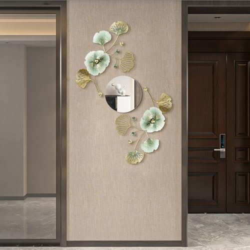 Tandefio 3 Pcs Metal Decorative Wall Mirrors for Living Room Metal Ginkgo Leaf Mirror Modern Creative Wall Decor Art Hanging Decor Mirror for Entrance Bedroom Living Room (Gold Green,16.inches) - color: Gold Green
