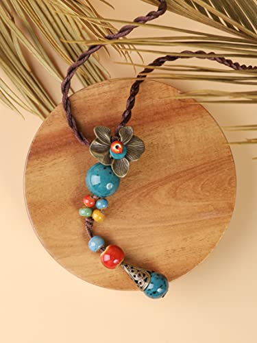 MINACHI Vintage Bohemian Colorful Ceramic Bead Antique Flower Y Necklace, Vintage Boho Hippie Statement Jewelry Gift for Women - color: S01A