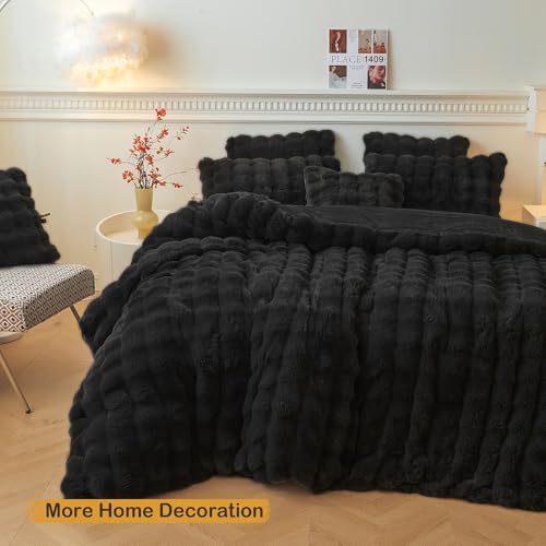 LIFEREVO Fluffy Faux Rabbit Fur Body Pillow Cover, Luxury Bubble Waffle Shaggy Plush Bed Body Pillowcase with Zipper Closure, Long 20"x54" Fuzzy Furry Pillow Case for Adults Kids Girls Teens, Black - color: Black