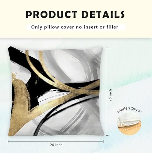Black White and Gold Pillow Covers, Abstract Black and Gold Pillow Covers 26x26 Set of 2, Modern Boho Home Decor, Black and Gold Pillows Decorative Throw Pillows for Couch Living Room Bedroom - color: Black White and Gold, size: 26" x 26" (Pack of 1)