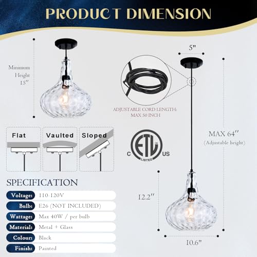 11" Blown Hammered Glass Pendant Light – Matte Black Ceiling Light for Kitchen Island, Dining Room, Hallway – E26 Base Hanging Fixture - color: Black