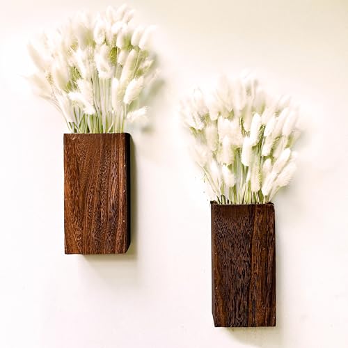LaLaGreen Wood Wall Planters (8 Inch, 2 Pack) 150 Stalks Rabbit Tail Grass White Dried Flower Wooden Box Vase for Indoor Hanging Planter Modern Rustic Decor Home Living Room Bathroom Trendy Decoration - color: Bunny Tail Cream White