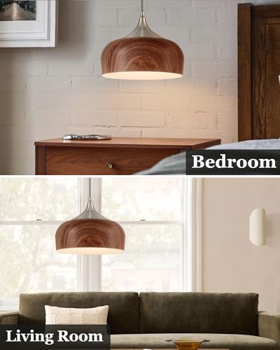 ELYONA Bauhaus Pendant Light Wooden Pattern Dome Pendant Light Fixture Brushed Nickel Metal Modern Adjustable Hanging Lighting for Kitchen Island Dining Room Office Hallway Foyer Bedroom, 12 Inch - color: Brushed Nickel & Wooden