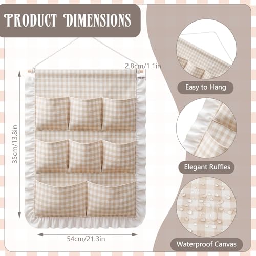Amyhill Wall Hanging Organizer with Pockets Over Door Storage Bag Ruffled Beige Gingham Cotton Wall Mounted Pocket Organizers for Home Bedroom Bathroom Aesthetic Decor Space Saving