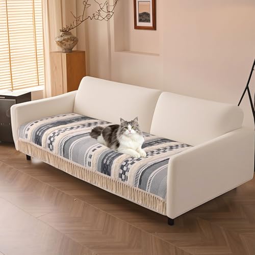 VClife Dog Boho Couch Cover, Washable Furniture Protector, 35.4 x 63 in | Tufted Tassel Sofa Cover, Non Slip Woven Geometric Sofa Slipcover, Multi-Size Universal Throw Cover For Couch, Pet Friendly - color: 02# Gray Grid, size: 35.4" x 63"