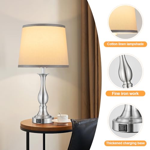 Bedside Table Lamp Touch Control Bedroom Lamps with USB A + C Charging Port 3 Way Dimmable Touch Lamps for Nightstand Living Room Bedroom Dorm Home Office Reading, Set of 2 (Grey Shade & Nickel Base) - color: Grey Shade & Nickel Base