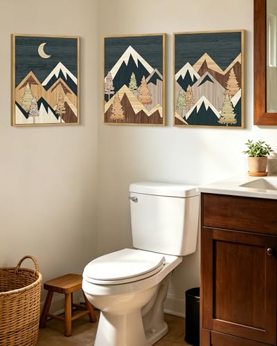 KUVIOKE Morden Mountains Framed Wall Art Boho Pine Tree Forest Nature Landscape Artwork Bohemain Farmhouse Rustic Bedroom Decor 12x16in (Natural Framed) - color: Wood Mountain, size: 12 x 16in x 3 Panels Natural