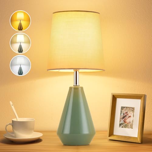 Small Bedside Table Lamp for Bedroom - Reading Desk Lamp with 3 Color Temperatures，15.5" Nightstand Ceramic Lamp with Fabric Shade for Kids Room,Living Room,Dorm,Home Office (Green) - color: Green, size: 15.5"