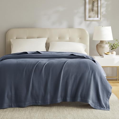 Madison Park 100% Egyptian Cotton Lightweight Summer Blanket, Breathable Waffle Knit Design, Soft Cozy All-Season Throw for Bed, Couch or Sofa, Navy Blue King Size (108"x90") - color: Blue, size: King