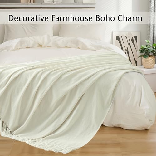 Chenille Throw Blanket for Couch 60"X 80" Twin, Soft Cozy Throws with Fringe Tassel for Bed Sofa Chair Cover, Lightweight Knitted Decorative Boho Blankets for Living Room, Ivory White - color: Ivory White, size: 60x80 inch
