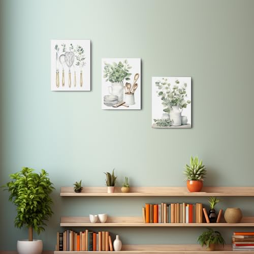 3 Pcs Botanical Plant Canvas Wall Art, Aesthetic Boho Wall Decor Framed Prints for Bedroom Living Room Decor, Sage Green Eucalyptus Leaf Tableware Prints for Office, Housewarming Gifts 11.5x15 Inch - color: Multi 1365