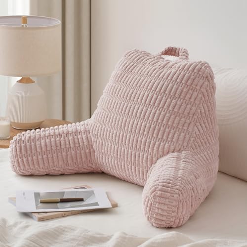 Blissful Diary Reading Pillow, Backrest Pillow with Shredded Memory Foam for Adult & Children, Designed for Bed and Couch Sitting Up, Includes Arms, Pockets and Washable Cover, Pale Pink - color: Textured Pale Pink, size: Standard(18inch)
