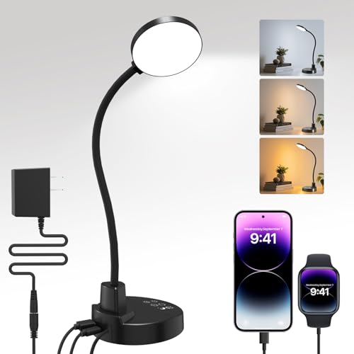 15W LED Desk Lamp with USB Charging Ports – Dimmable Table Lamp with 3 Color Temps, 5 Brightness, 4 Timers, Flexible Gooseneck Light with Base, Eye-Caring Reading Light for Home Office, Bedroom, Study - color: Black, size: 3.5'' Lamp