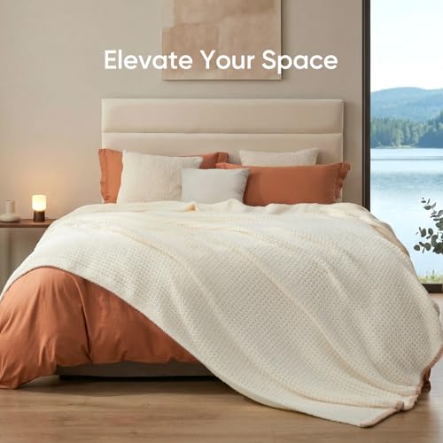 Snuggle Sac Cream Waffle Throw Blanket for Couch Bed Sofa 60x80 inches, Reversible Cream Blanket Microfiber Fluffy Fuzzy Cozy Knit Twin Blanket for Women Mothers Birthday Gifts - color: Waffle Cream, size: Twin(60"x80")