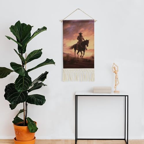 MUSM Boho Wall Hanging with Tassels - 10x19.6 Inch Cotton Linen Tapestry Art Print, Wood Frame & Hanging Rope, Cowboy West Poster for Living Room, Bedroom, Hallway Decor
