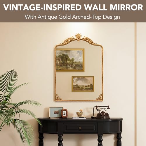Arched Gold Carved Wall Mirror - 40''x28'' Vintage Gold Large Baroque Wall-Mounted Mirror - Iron Frame with Beaded Trim - Antique French Ornate Mirror for Entryway/Hallway/Fireplace/Bathroom - color: Carving - Vintage Gold (40"l X 28"w)