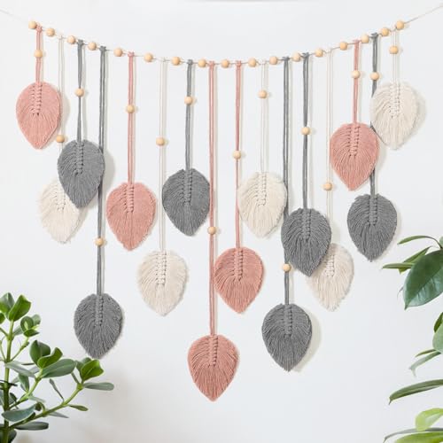 Betylifoy Macrame Wall Hanging Boho Leaves Tapestry Chic Bohemian Feather Wall Art Decor Handmade Yarn Woven Pink Leaf Tapestry Macrame Wall Decor for Bedroom Living Room Nursery Office Backdrop (Pink Gray) - color: Pink