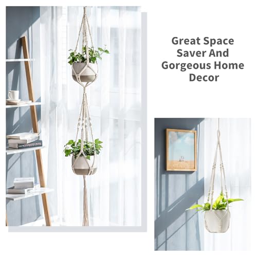 Mkono Macrame Plant Hangers Set of 4 Indoor Hanging Planter Basket Wall Decorative Flower Pot Holder with 4 Hooks for Indoor Outdoor Home Decor Gift Box, Ivory - color: Ivory