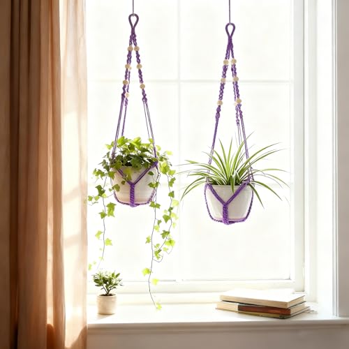 Macrame Plant Hanger, Up to 4-15 inch Pots, Wood Beads Cotton Hanging Planter Holder for Indoor Outdoor Boho Home Decor, 35 Inch, Set of 2 (Purple) - color: Purple