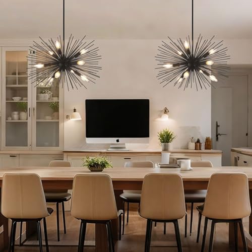 24in Black Sputnik Chandelier Mid Century Modern 9-Lights Starburst Chandelier Solid Metal Firework Urchin Satellite Chandeliers for Dining Room, Kitchen, Bedroom, Living Room, Foyer, E12 - color: Black 24" 9-Light Hanging Rod