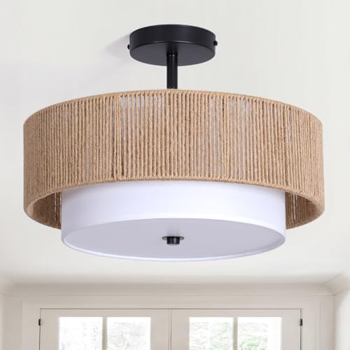 Bohemian Semi-Recessed Pendant Light Wicker Ceiling Lamp 16-Inch Farmhouse-Style Pendant with Natural Hemp Rope Fabric Shade Suitable for Dining Room/Living Room/Bedroom/Kitchen - color: 16'' Hemp rope&Fabric Gold