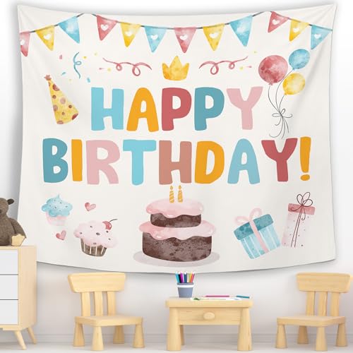 MNASAIOO Happy Birthday Wall Tapestry Hanging, Colorful Kids Banner Tapestries, Nursery Wall Decor for Girls Boys Baby Shower Party Playroom Dorm Bedroom 50x60in