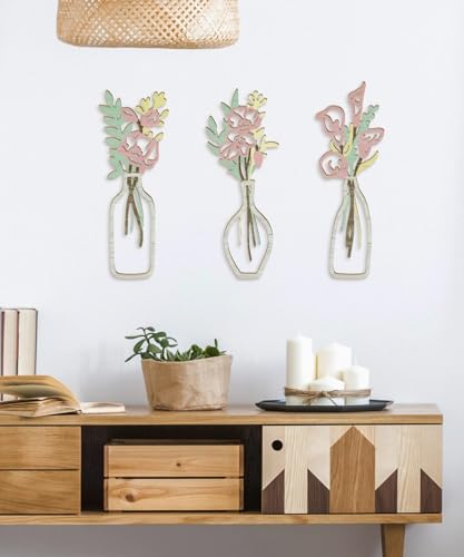 Putuo Decor Flowers Wall Arts Set of 3，Rustic Farmhouse Style Decor，Minimalist Flower Natural Themed Wall Decors for Living Room Bedroom Bathroom Office Nursery Farmhouse Modern - color: Pink