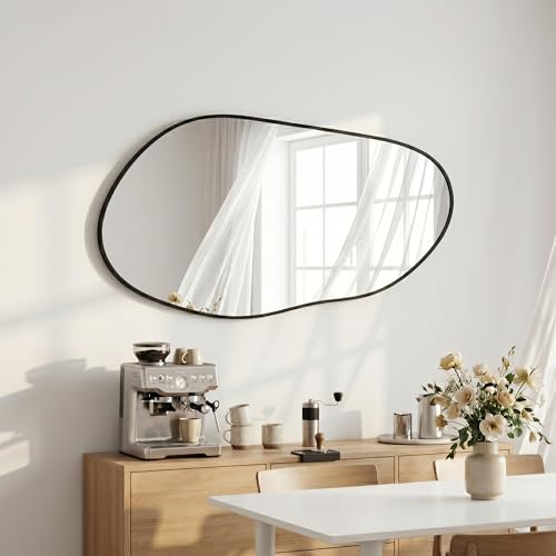 Large Irregular Wall Mirror 38" x 20", Asymmetrical Black Bathroom Vanity Mirror with Matte Aluminum Frame and Tempered Glass, Organic Shape Decor for Entryway and Living Room - color: Black, size: 38"L x 20"W