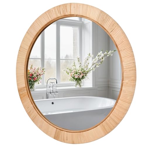 FUIN 20" Boho Round Rattan Mirror – Handwoven Wicker Wall Mirror for Nursery, Farmhouse & Coastal Décor - color: Rattan, size: 20"L x 20"W