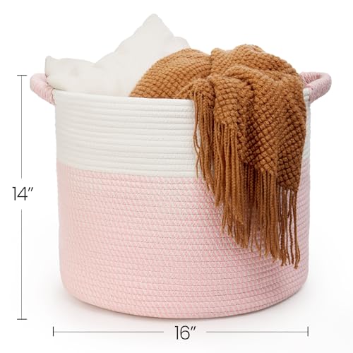 Blanket Basket (16"Dx14"H) - Round Woven Rope Storage for Living Room Throws, Pillows & Laundry- White/Mixed Pink - color: White/Mixed Pink, size: 16" X 16" X 14"