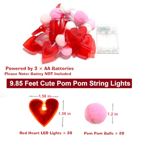 ChiRee Red Heart String Lights 9.85 Ft Valentines Light with 20 LEDs 20 Pink Pom Poms Garland Lights Battery Operated with Timer Valentines Decorations for Wedding Party Valentine Decor - style: Pink-Red Heart