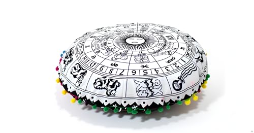 CRAFT KALA 22" Bohemian Floor Pillow Pouf Cover Mandala Boho Large Round Meditation Room Pillow Covers for Adults Seating Poufs Cushion Cover for Kids Playroom Black Zodiac - color: White Black, size: 22" x 22" (Pack of 1)