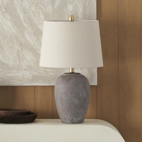 Nourison Home 23" Greyish Brown Earth Tone Rustic Farmhouse Ceramic Table Lamp for Bedroom, Living Room, Dining, Office, with Beige Linen Shade - color: Earth Brown, size: 1 Lamp - Drum Shade