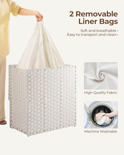 Greenstell Laundry Hamper with lid, No Install Needed, 110L Wicker Laundry Baskets Foldable 2 Removable Liner Bags, 2 Section Clothes Hamper Handwoven Rattan Laundry Basket with Handles, White - color: White