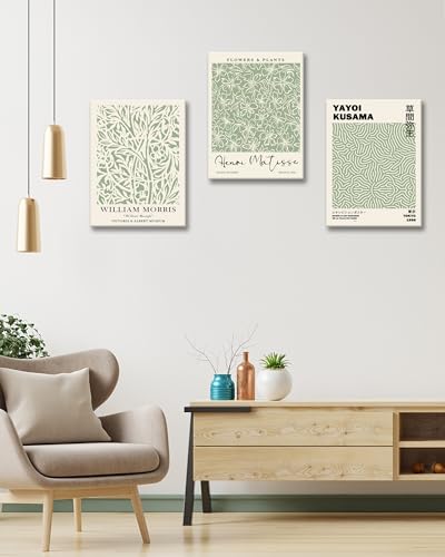 HesenDot Green Botanical Framed Wall Art Set, 12x16in Matisse William Morris Canvas Prints,Minimalist Classic Plants Home Decor for Living Room Bedroom Bathroom Office, Set of 3 - color: Green Wall Art-Framed, size: 16"L x 12"W
