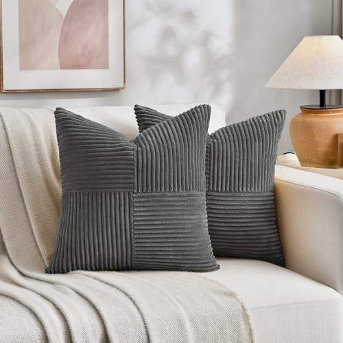 Fancy Homi 2 Packs Dark Gray Samll Decorative Throw Pillow Covers 12x12 Inch with for Couch Bed Sofa, Rustic Farmhouse Boho Home Decor, Soft Corss Patchwork Corduroy Square Cushion Case 30x30 cm - color: Dark Gray, size: 12" x 12" (Pack of 2)