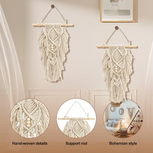 ASTIMESA 2 Packs Handmade Macrame Leaves Wall Hanging Decor, Vintage Woven Leaf Tapestry, Chic Boho Wall Art with Tassels Beads for Living Room Bedroom Home White - color: White
