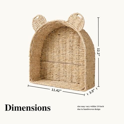 Arched Bear Nursery Wall Shelf, Handwoven Wicker Nursery Shelf for Wall, Wall Mounted Nursery Bookshelf for Small Books, Toys & Décor - color: Beige