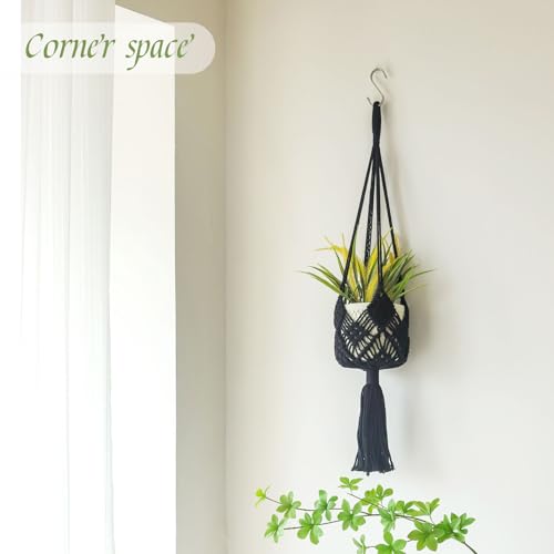 Hanging Planter with Patterns,2Packs Macrame Plant Hangers Indoor Macrame for up to 8 inch Pot Crochet Boho Plant Hanger Holder for Indoor Outdoor with 2S Shaped Stainless Steel Hooks (Black) - color: Black