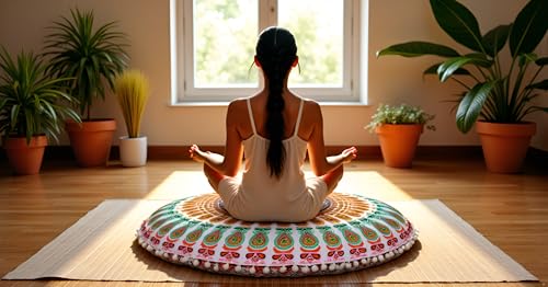 CRAFT KALA 32" in Round Mandala Floor Pillow Cushion Cover Seating Throw Cover Hippie Decorative Bohemian Ottoman Poufs Pillow Cover Cases Boho Cotton Living Yoga Home Décor Room (Mustard Mirchi) - color: Mustard Mirchi